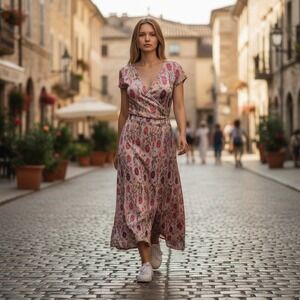 Cecilia Prado Dress Womens XS Pink Floral Knit Wrap Surplice Cap‎ Sleeve Maxi